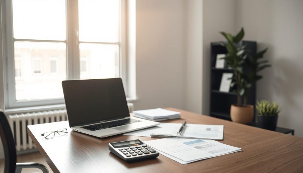A serene office setting with a well-organized desk showcasing the financial aspects of the freelance "portage salarial" employment model. The desk features a laptop, financial documents, and a calculator, all bathed in soft, natural lighting from a large window. The background is a neutral, minimalist workspace, suggesting professionalism and attention to detail. The overall mood is one of quiet contemplation and financial responsibility, capturing the essence of the "Les Aspects Financiers du Portage Salarial" section.