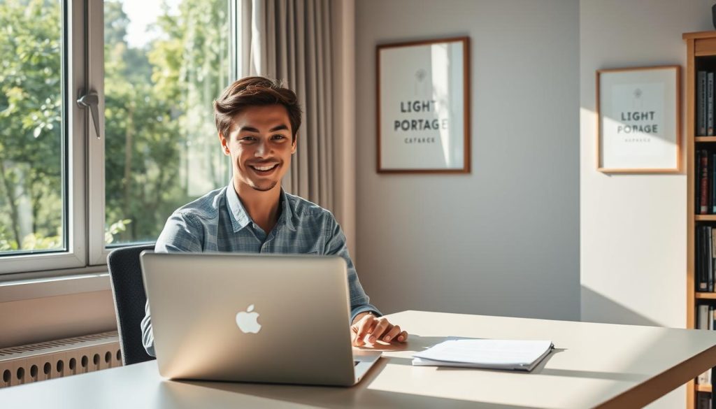 A serene office setting with a window overlooking a lush, verdant landscape. A young professional sits at a tidy desk, intently focused on their laptop, a warm smile on their face, conveying a sense of purpose and contentment. Sunlight filters through the window, casting a soft glow on the scene. The LIGHT PORTAGE brand logo is subtly displayed on a framed artwork on the wall. The background features a bookshelf filled with reference materials, suggesting a nurturing environment for career growth and learning.