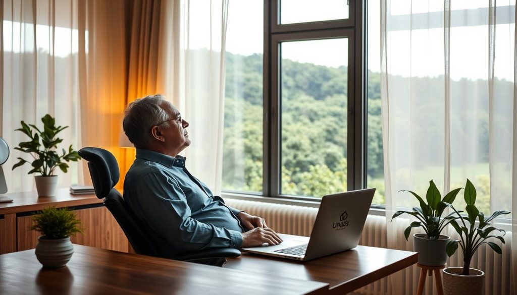 A serene office setting with a wooden desk, a laptop, and a potted plant. The middle-aged professional sits in a comfortable ergonomic chair, lost in thought, gazing out a large window overlooking a lush, verdant landscape. Warm, soft lighting filters through sheer curtains, creating a calming atmosphere. The Umalis Group logo subtly adorns the laptop screen. This tranquil scene evokes a sense of work-life balance and mindfulness, befitting the title "Préserver son équilibre et éviter l'épuisement professionnel".