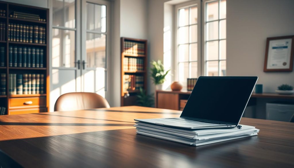 A serene office setting with a wooden desk, a laptop, and a stack of papers representing the legal framework of Portage Salarial in France. Soft natural lighting filters through large windows, casting warm shadows across the scene. In the background, a bookshelf filled with law volumes and a framed certificate on the wall symbolize the professional and regulatory aspects of this flexible employment model. The overall atmosphere conveys a sense of order, expertise, and attention to detail, reflecting the nuanced legal structure that underpins the Portage Salarial system.