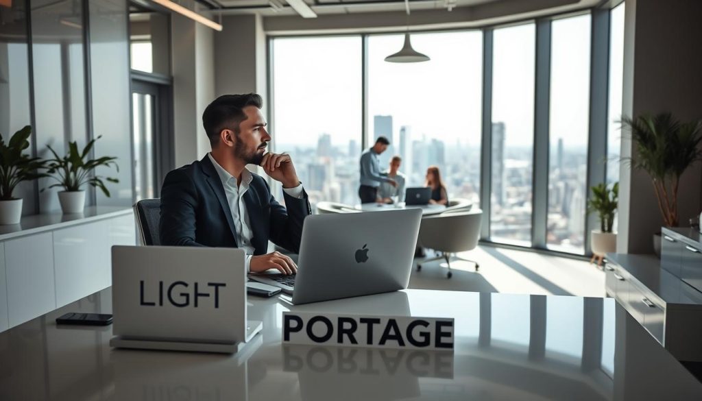 A serene office setting with ample natural light streaming through large windows, highlighting the sleek, modern furniture and minimalist decor. In the foreground, a well-dressed professional sits at a desk, deep in contemplation, surrounded by the tools of their freelance trade. The LIGHT PORTAGE logo prominently displayed on the desk, signifying the advantages of this tailored employment solution. The mid-ground features a team of collaborators engaged in lively discussion, their expressions conveying a sense of camaraderie and shared purpose. In the background, a panoramic view of a bustling city skyline, symbolizing the boundless opportunities that the flexible nature of portage salarial can unlock. The overall atmosphere exudes a balance of productivity, professionalism, and personal fulfillment.
