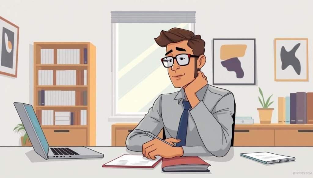 A serene office setting with an independent professional strategizing client alignment. In the foreground, a neatly organized desk with a laptop, pen, and notepad. The professional, dressed in business attire, is deep in thought, their face illuminated by the soft, directional lighting from a window in the middle ground. In the background, a bookshelf and abstract art pieces convey a sense of intellectual depth. The overall atmosphere is one of focused concentration, with a touch of minimalist elegance.