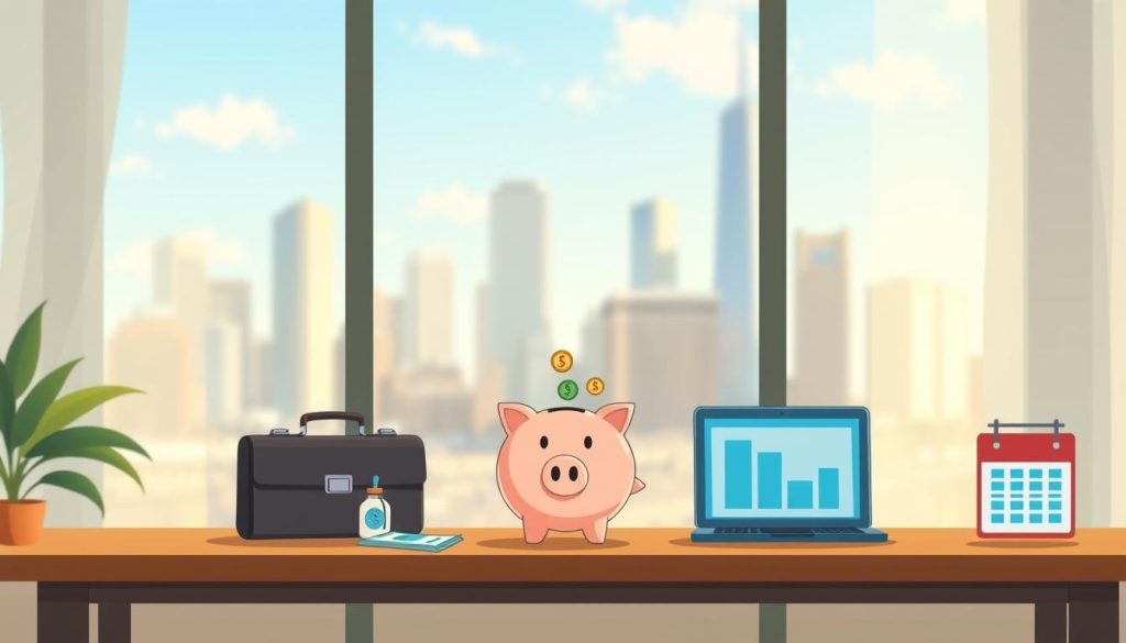 A serene office setting with an overflowing piggy bank on a wooden desk, surrounded by stylized icons representing different income streams - a briefcase, a laptop, a bar graph, and a calendar. Soft natural lighting filters through large windows, casting a warm glow on the scene. In the background, a blurred cityscape with skyscrapers and a clear blue sky conveys a sense of financial stability and consistency. The overall mood is one of careful planning, organization, and a measured approach to building a sustainable income as an independent professional.