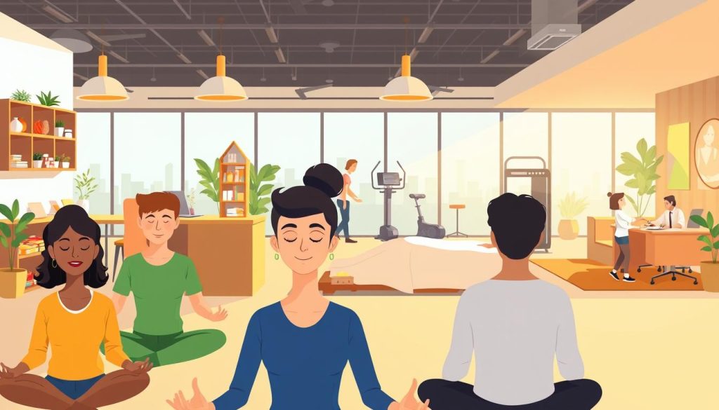 A serene office setting with employees engaged in various well-being activities. In the foreground, a group of coworkers participating in a mindfulness session, their faces calm and focused. In the middle ground, an employee receiving a massage from a visiting wellness professional, finding respite from the workday. The background features a well-stocked breakroom with healthy snacks, a state-of-the-art gym, and an inviting lounge area where colleagues unwind. Warm, natural lighting filters through large windows, creating a tranquil atmosphere that promotes productivity and job satisfaction.