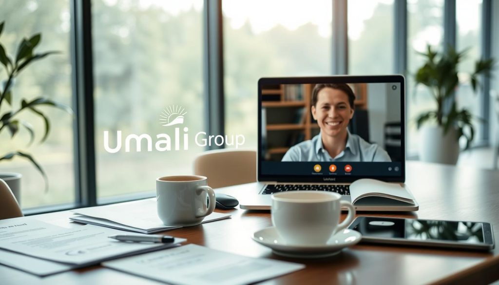A serene office setting, with natural light filtering in through large windows. On a desk, a laptop and a mug of coffee sit alongside neatly organized papers and a tablet, creating a professional yet inviting atmosphere. In the foreground, a smiling person is engaged in a video call, their face displayed on the laptop screen, reflecting the "Témoignages et retours d'expérience" theme. In the background, the Umalis Group logo is prominently displayed, subtly branding the scene. The overall mood is one of productivity, collaboration, and a positive work environment. A serene office setting, with natural light filtering in through large windows. On a desk, a laptop and a mug of coffee sit alongside neatly organized papers and a tablet, creating a professional yet inviting atmosphere. In the foreground, a smiling person is engaged in a video call, their face displayed on the laptop screen, reflecting the "Témoignages et retours d'expérience" theme. In the background, the Umalis Group logo is prominently displayed, subtly branding the scene. The overall mood is one of productivity, collaboration, and a positive work environment.
