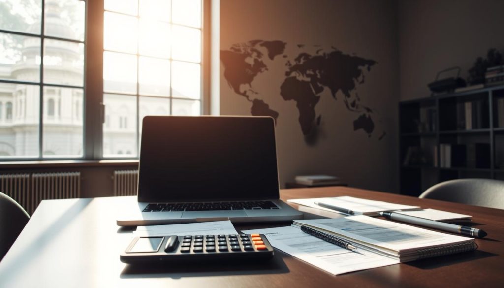 A serene office setting with natural light streaming through large windows, illuminating a desk with a laptop, calculator, and organized financial documents. In the background, a stylized world map and architectural elements suggest an international tax and financial advisory firm. The color palette is muted and professional, with hints of warm tones to convey the expertise and efficiency of Portage Salarial's tax advantages. The composition is balanced, with a sense of order and attention to detail, reflecting the clarity and advantages of the Portage Salarial system.