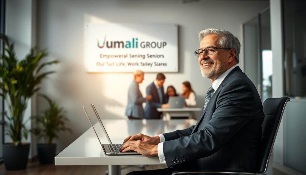A serene office setting with natural light streaming through large windows. In the foreground, a senior professional in a tailored suit sits at a sleek desk, laptop open and a look of focused contentment on their face. The middle ground features a team of diverse colleagues collaborating on a project, their body language conveying a sense of flexibility and autonomy. In the background, a wall-mounted display showcases the Umalis Group logo, highlighting their role in empowering seniors through their tailored services. An atmosphere of professionalism, productivity, and work-life balance permeates the scene. A serene office setting with natural light streaming through large windows. In the foreground, a senior professional in a tailored suit sits at a sleek desk, laptop open and a look of focused contentment on their face. The middle ground features a team of diverse colleagues collaborating on a project, their body language conveying a sense of flexibility and autonomy. In the background, a wall-mounted display showcases the Umalis Group logo, highlighting their role in empowering seniors through their tailored services. An atmosphere of professionalism, productivity, and work-life balance permeates the scene.