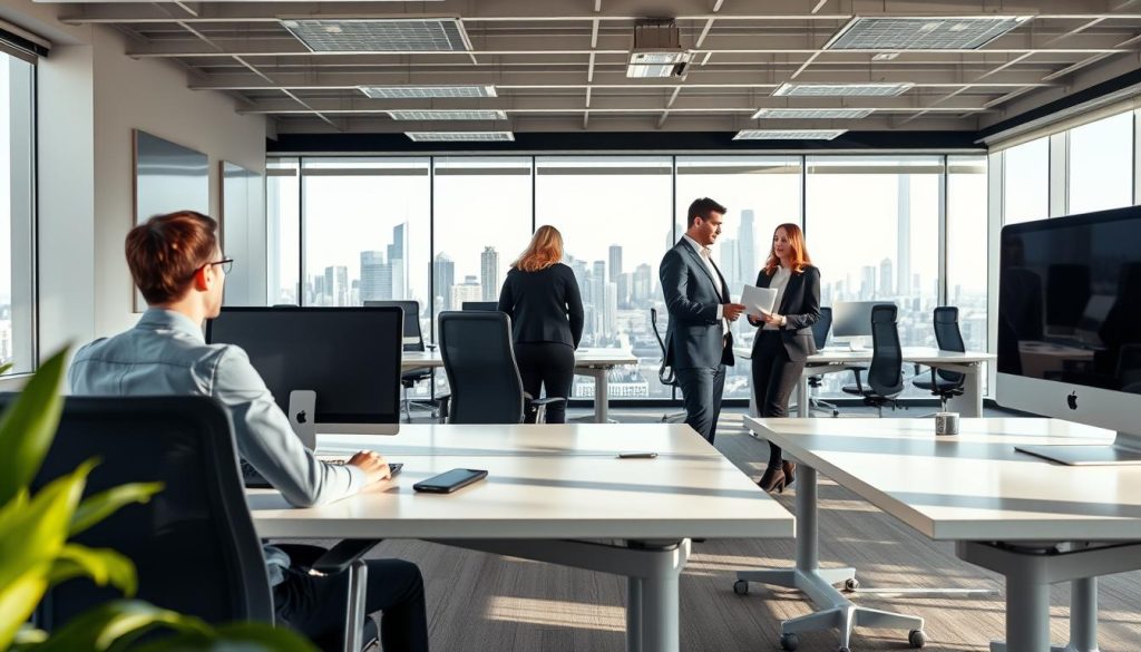 A serene office setting with professionals navigating the process of becoming a salaried employee through the UMALIS GROUP's portage salarial services. The scene depicts a modern, well-lit workspace with sleek desks, ergonomic chairs, and a calm, productive atmosphere. In the foreground, a person sits at a computer, focused on their task, while in the middle ground, colleagues collaborate on documents, discussing the steps involved. The background showcases a panoramic view of a city skyline, hinting at the broader context of the article's subject. The lighting is soft and natural, creating a sense of professionalism and ease. The overall tone conveys the simplicity and efficiency of the portage salarial process facilitated by the UMALIS GROUP.