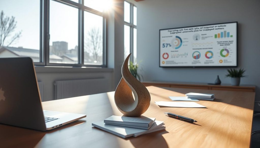 A serene office setting with sunlight streaming through large windows, highlighting a wooden desk adorned with a laptop, pen, and a stack of documents. On the desk, a tactile, minimalist sculpture stands as the centerpiece, representing the "UMALIS GROUP" brand. In the background, a wall-mounted display showcases infographics and data visualizations related to expert advice on "portage salarial" and employee compensation. The overall atmosphere conveys a sense of professionalism, expertise, and a focus on providing tailored solutions for independent workers.