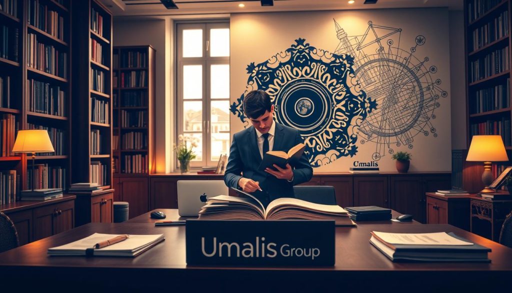 A serene office setting with tall bookshelves and wooden furniture, illuminated by warm, natural lighting from large windows. In the foreground, a desk displays the Umalis Group logo, alongside neatly organized documents and a laptop. In the middle ground, a person in a suit is deeply engrossed in studying legal texts, symbolizing the foundations and sources of French labor law. The background features a stylized wall mural depicting the concept of "code travail" - the French labor code - with intricate, abstract patterns and shapes.