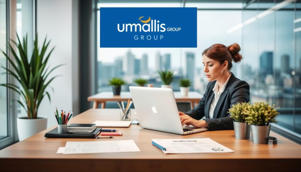 A serene office setting with the Umalis Group brand prominently displayed. The foreground features a professional-looking woman sitting at a desk, focusing intently on a laptop screen. On the desk, an assortment of office supplies and a medical certificate indicating a "Démarches arrêt maladie portage salarial" form. The middle ground showcases a modern, well-lit workspace with minimalist décor and potted plants. The background depicts a softly blurred cityscape, conveying a sense of professionalism and productivity. The overall mood is one of diligence and attention to detail, reflecting the subject matter of the article. A serene office setting with the Umalis Group brand prominently displayed. The foreground features a professional-looking woman sitting at a desk, focusing intently on a laptop screen. On the desk, an assortment of office supplies and a medical certificate indicating a "Démarches arrêt maladie portage salarial" form. The middle ground showcases a modern, well-lit workspace with minimalist décor and potted plants. The background depicts a softly blurred cityscape, conveying a sense of professionalism and productivity. The overall mood is one of diligence and attention to detail, reflecting the subject matter of the article.