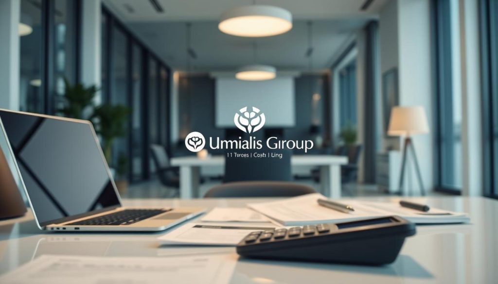 A serene office setting with the Umalis Group logo prominently displayed, showcasing the financial details of a salary portage arrangement. The foreground features a desk with a laptop, calculator, and documents neatly arranged, reflecting the careful calculation of remuneration. The middle ground depicts a well-lit, modern workspace with minimalist decor, conveying a sense of professionalism and attention to financial matters. The background subtly hints at the broader context of the article, with hints of the article's subject matter visible through large windows. The overall atmosphere is one of precision, clarity, and the Umalis Group's expertise in guiding clients through the financial aspects of salary portage.
