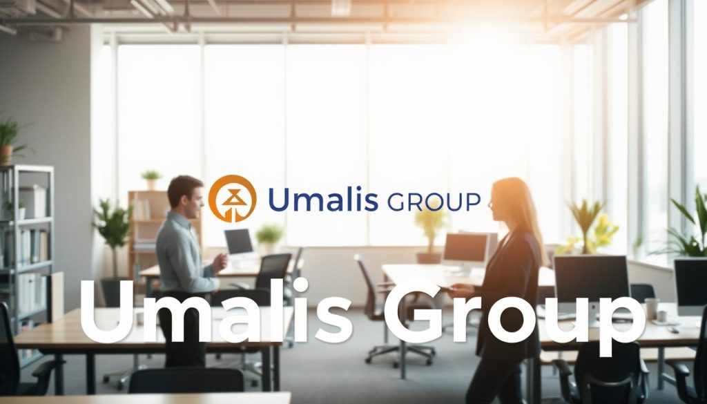 A serene office setting with the Umalis Group logo prominently displayed. In the foreground, two professionals engaged in an earnest discussion, their body language conveying trust and transparency. Soft natural lighting filters through large windows, casting a warm glow on the scene. The middle ground features neatly organized desks and chairs, symbolizing efficiency and professionalism. In the background, a bookshelf and potted plants suggest a nurturing, collaborative environment. The overall atmosphere exudes a sense of openness, mutual understanding, and a commitment to building strong client relationships.