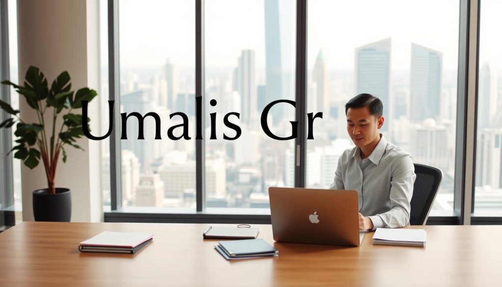 A serene office setting with the Umalis Group logo prominently displayed. In the foreground, a professional-looking person sitting at a desk, laptop open, surrounded by folders and paperwork. Behind them, large windows offer a view of a bustling city skyline, hinting at the international nature of the scene. Soft, natural lighting fills the room, creating a sense of warmth and productivity. The overall atmosphere conveys a secure, well-organized environment where someone could comfortably prepare for a work assignment abroad.