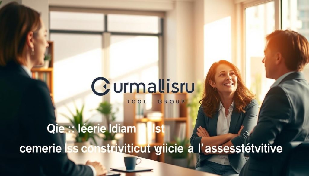 A serene office setting with warm, natural lighting. In the foreground, two professionals engage in a thoughtful discussion, their body language conveying a sense of mutual understanding. The Umalis Group logo is subtly present, emphasizing the professional context. In the background, a bookshelf and potted plants create a calming, productive atmosphere. The scene depicts the concept of "Gérer les conflits de manière constructive grâce à l'assertivité" through the lens of assertive communication in a workplace environment.