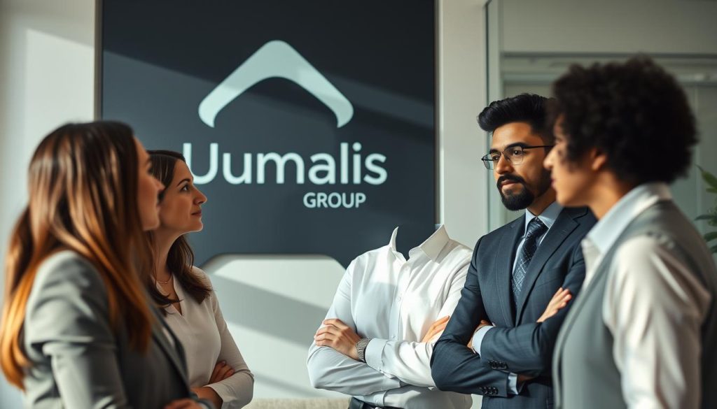 A serene office setting with well-dressed professionals in the foreground, discussing fixed salaries and employee benefits. The lighting is soft and natural, conveying a sense of professionalism and stability. In the background, the Umalis Group logo is prominently displayed, symbolizing the reliable and comprehensive financial guidance they provide. The overall atmosphere is one of thoughtful consideration, with the subjects engaged in a meaningful dialogue about the fundamentals of fair compensation.