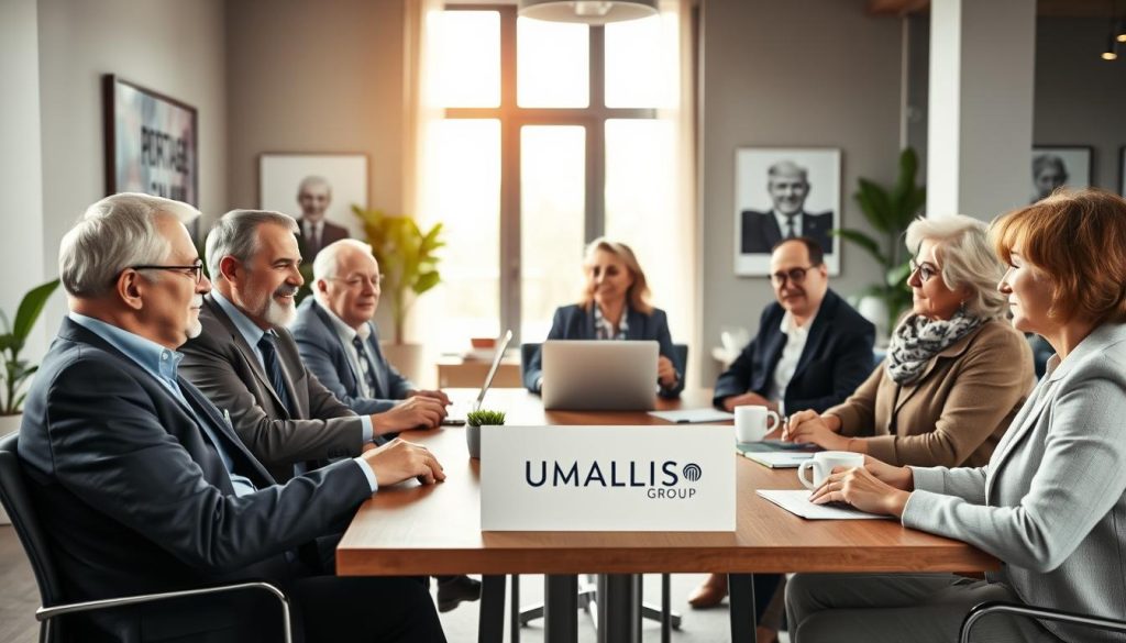 A serene office space featuring a group of senior professionals engaged in discussion about "portage salarial" opportunities. In the foreground, a diverse group of seniors dressed in smart business attire—two men and two women—are seated around a stylish conference table filled with laptops, documents, and coffee cups. The middle layer shows a large window with sunlight pouring in, casting a warm glow that highlights their engaged expressions. The background features a modern office with soft greenery and motivational artwork on the walls. The atmosphere is one of collaboration, empowerment, and optimism, with a slight depth of field to emphasize the group and blur the surrounding details subtly. The logo "UMALIS GROUP" is softly visible on a brochure in front of them. A serene office space featuring a group of senior professionals engaged in discussion about "portage salarial" opportunities. In the foreground, a diverse group of seniors dressed in smart business attire—two men and two women—are seated around a stylish conference table filled with laptops, documents, and coffee cups. The middle layer shows a large window with sunlight pouring in, casting a warm glow that highlights their engaged expressions. The background features a modern office with soft greenery and motivational artwork on the walls. The atmosphere is one of collaboration, empowerment, and optimism, with a slight depth of field to emphasize the group and blur the surrounding details subtly. The logo "UMALIS GROUP" is softly visible on a brochure in front of them.