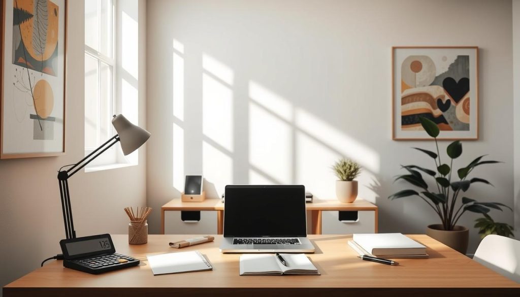 A serene office space, filled with natural light and minimalist decor. In the center, a LIGHT PORTAGE desk with a laptop and various freelance-related objects, such as a calculator, notepads, and a stylish pen. The walls are adorned with abstract art prints, conveying a sense of creativity and productivity. Soft, diffused lighting illuminates the scene, casting gentle shadows and creating a calming atmosphere. The overall composition emphasizes the advantages and benefits of the freelance lifestyle, with a focus on organization, efficiency, and financial optimization.
