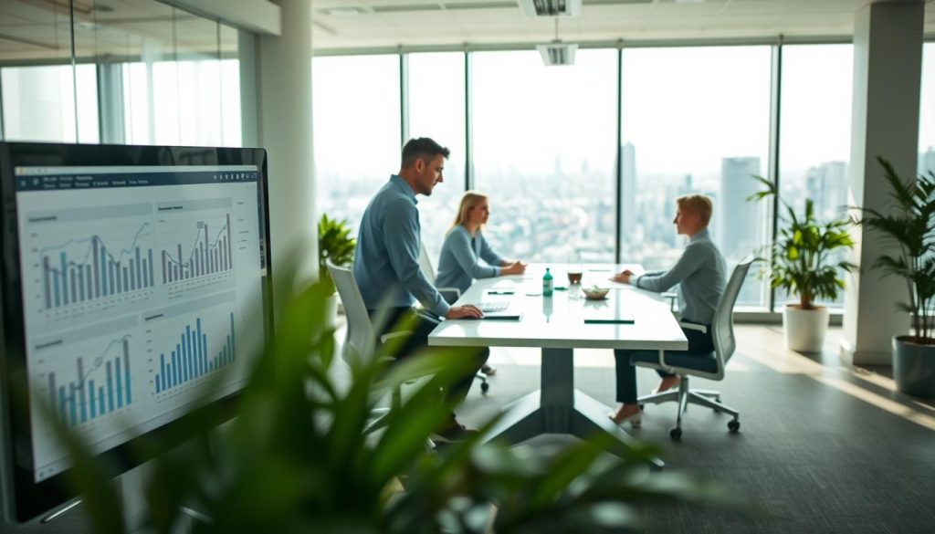 A serene office space filled with natural light, showcasing the Umalis Group's efficient optimization processes for improved productivity. In the foreground, a desktop computer displays analytical charts and graphs, hinting at data-driven decision-making. The middle ground features a team collaborating around a sleek conference table, their expressions focused as they discuss innovative strategies. In the background, floor-to-ceiling windows offer a panoramic view of a bustling cityscape, symbolizing the Umalis Group's commitment to growth and success. The overall atmosphere conveys a sense of professionalism, organization, and a culture of continuous improvement.