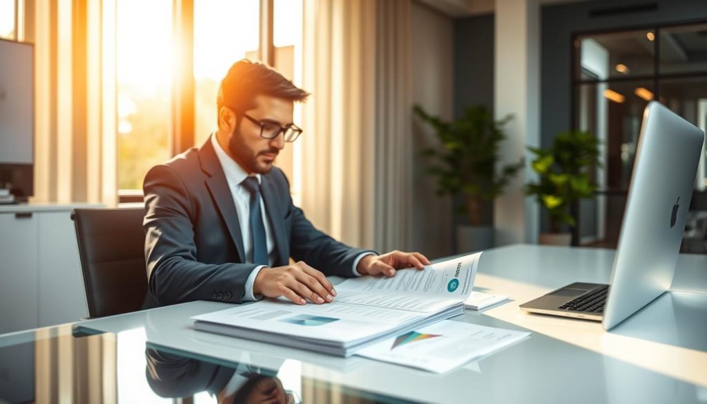 A serene office space, filled with the warm glow of natural light, where a professional in a suit sits at a sleek, minimalist desk, reviewing financial documents emblazoned with the Umalis Group logo. The scene conveys a sense of security, stability, and attention to detail, reflecting the "Optimiser la rémunération et la sécurité financière" section of the article on "Sécuriser vos missions en portage salarial avec confiance." The image is captured through a high-quality lens, with a shallow depth of field that draws the viewer's eye to the subject, creating a mood of focused expertise and trusted financial guidance.