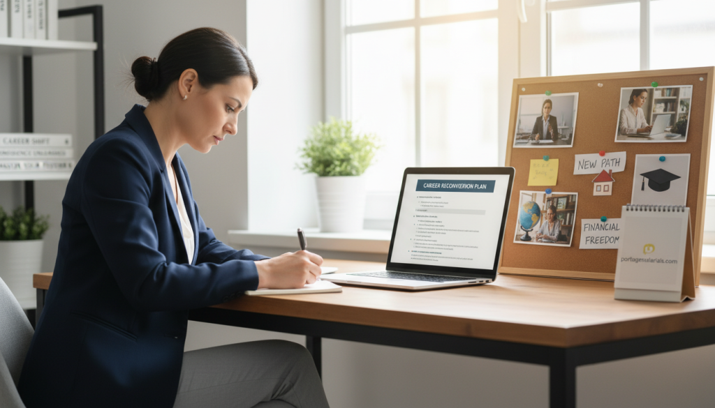 A serene office space serves as the backdrop, showcasing a well-organized desk with a laptop open to a career planning document. In the foreground, a professional woman in smart business attire takes notes, her expression focused and determined. Beside her, a vision board displays images of various career paths and personal goals, symbolizing the reconversion journey. The middle ground features a window with natural light filtering in, casting a warm glow over the room, enhancing the atmosphere of optimism and growth. In the background, shelves filled with books on career development and confidence building can be seen, creating a sense of depth. Overall, the image conveys a mood of inspiration and professionalism, emphasizing the theme of building a realistic career transition project, with the brand name "portagesalarials.com" subtly integrated into the workspace.