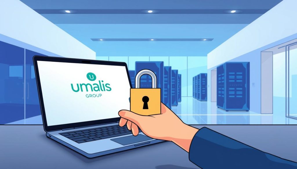 A serene office space, where a laptop displays the Umalis Group logo, symbolizing data protection. In the foreground, a hand gently holds a padlock, representing security. The middle ground features servers and data centers, enveloped in a soft, blue-hued lighting that conveys a sense of trust and privacy. The background showcases a sleek, minimalist architecture with clean lines and large windows, allowing natural light to filter in. The overall atmosphere is one of sophistication, confidence, and a steadfast commitment to safeguarding sensitive information.