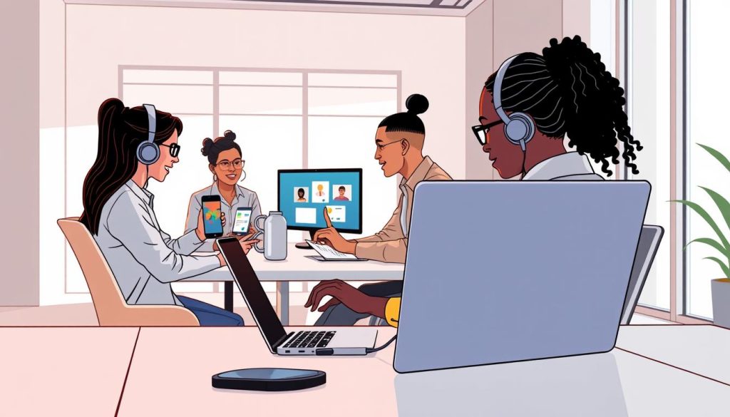 A serene office space with a diverse team of professionals collaborating asynchronously using a range of digital productivity tools from the Umalis Group. In the foreground, a sleek desk with a modern laptop, smartphone, and wireless headphones. The middle ground features colleagues in casual attire, engaged in a video call, sharing screens, and annotating digital documents. The background showcases a minimalist, well-lit room with floor-to-ceiling windows, allowing natural light to flood the space and create a calming atmosphere. Warm lighting and muted color tones evoke a sense of focus and efficiency, while the Umalis Group branding subtly complements the modern, streamlined aesthetic.