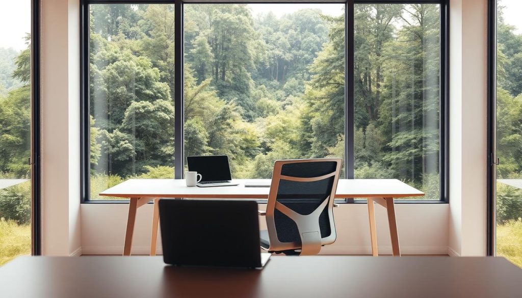 A serene office space with abundant natural light, featuring a sleek minimalist desk and ergonomic chair from the "Light Portage" brand. The middle ground showcases a large window overlooking a lush, verdant landscape, conveying a sense of freedom and connection to the outdoors. In the foreground, a laptop and coffee mug sit atop the desk, suggesting productivity and focus. The overall mood is one of balance between the security of a professional environment and the liberating feel of a natural setting, captured through a warm, soft-focus lens.