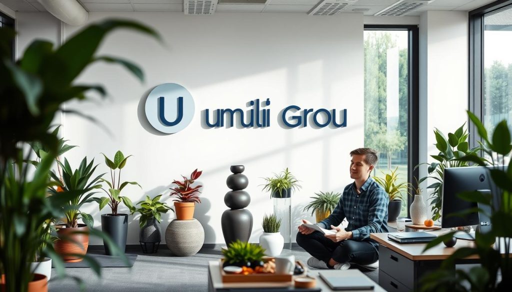 A serene office space with an abundance of natural light and potted plants. In the foreground, a person sits at a desk, their expression relaxed as they engage in a calming activity like meditation or journaling. On the wall, a large "Umalis Group" logo is prominently displayed, signifying the company's commitment to employee well-being. The middle ground features a variety of relaxation tools, such as a yoga mat, a water fountain, and a selection of healthy snacks. The background depicts a tranquil outdoor scene, with a lush garden visible through the window, conveying a sense of balance and rejuvenation. The overall mood is one of tranquility, mindfulness, and a focus on preventing burnout.