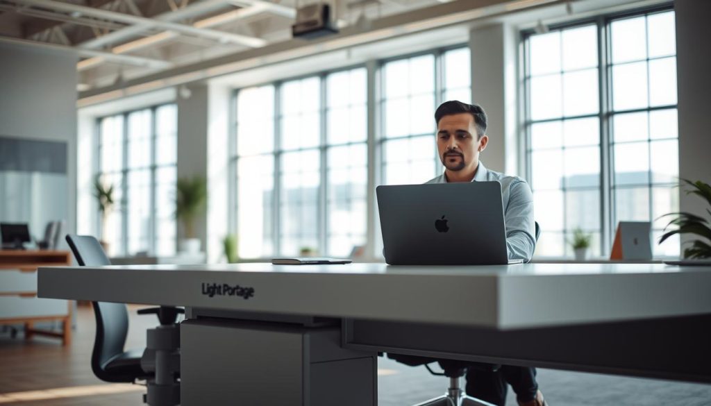 A serene office space with an airy, modern aesthetic. In the foreground, a well-lit desk showcases the "Light Portage" brand, its sleek design and ergonomic features hinting at the comfort and convenience of a salaried professional's setup. In the middle ground, a person sits comfortably, laptop open, their expression contemplative as they explore the possibilities of independent career paths enabled by the "Light Portage" system. The background features floor-to-ceiling windows, allowing natural light to flood the space and create a sense of openness and possibility. The overall mood is one of calm, contentment, and the empowering potential of social protection within a flexible, self-directed professional journey.