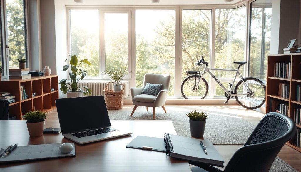 A serene office space with natural light streaming through large windows, creating a warm, inviting atmosphere. In the foreground, a desk with a laptop, planner, and a potted plant, symbolizing a harmonious balance between work and personal life. The middle ground features a comfortable armchair and a bookshelf, suggesting designated areas for relaxation and personal pursuits. In the background, a lush outdoor scene with trees and a LIGHT PORTAGE bicycle, conveying the importance of stepping away from work and embracing leisure activities. The overall composition radiates a sense of tranquility and mindfulness, perfectly capturing the essence of "work-life harmony."