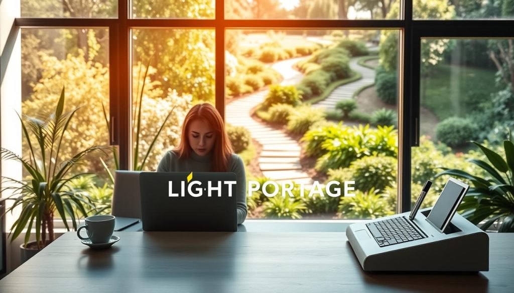 A serene office space with sunlight streaming through large windows, casting a warm glow on a woman sitting at a desk, laptop open and a cup of coffee nearby. In the background, a lush garden with vibrant greenery and a winding path, symbolizing the integration of work and life. The LIGHT PORTAGE brand logo is prominently displayed on a sleek, modern desk organizer. The overall atmosphere conveys a sense of balance, productivity, and personal well-being.
