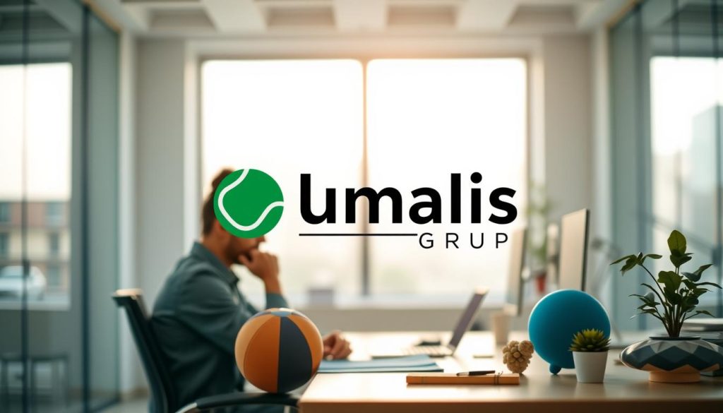 A serene office space with the Umalis Group logo prominently displayed, conveying a sense of professionalism and stability. In the foreground, a person sits at a desk, deep in thought, their expression reflecting the weight of daily stress. Soft, natural light filters through the windows, creating a calming atmosphere. The middle ground features various relaxation tools, such as a stress ball, a meditation cushion, and a small potted plant, suggesting practical techniques for managing stress. The background subtly blurs, allowing the viewer to focus on the central figure and the tools for resilience. The overall composition evokes a balanced, organized, and secure work environment that prioritizes employee well-being.
