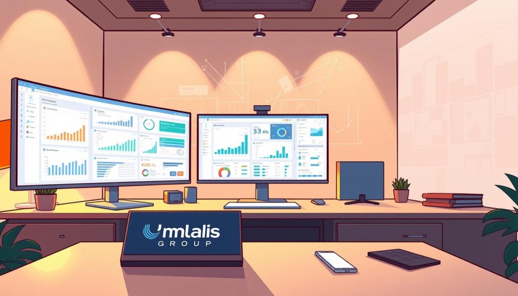 A serene office workspace, with a sleek, modern workstation showcasing multiple screens displaying trend analysis dashboards. Warm, indirect lighting casts a soft glow, creating an atmosphere of focused productivity. In the foreground, the Umalis Group logo is prominently displayed on a desk plaque, indicating the professional setting. The middle ground features various input devices, including a tablet and a stylus, suggesting the user's ability to interact with the data visualizations. In the background, abstract data visualizations and charts projected onto the walls, conveying the depth and complexity of the industry trend monitoring process. An air of thoughtful contemplation permeates the scene, reflecting the section's title "Industry Trends Monitoring: Mastering the Essentials".