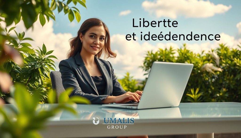 A serene outdoor office setting illustrating "Liberté et indépendance professionnelle." In the foreground, a confident woman in professional business attire sits at a sleek, modern desk surrounded by greenery, typing on a laptop. Her expression reflects determination and focus. In the middle ground, a gentle breeze rustles the leaves, emphasizing a sense of freedom and tranquility. The background features a clear blue sky with soft, fluffy clouds, symbolizing limitless opportunities. The sunlight casts warm tones, creating a comforting and inspiring atmosphere. The overall mood is uplifting and motivational, embodying the spirit of independence in professional life. Include subtle branding elements of "UMALIS GROUP" in the design, enhancing the theme of professional autonomy without overwhelming the image.