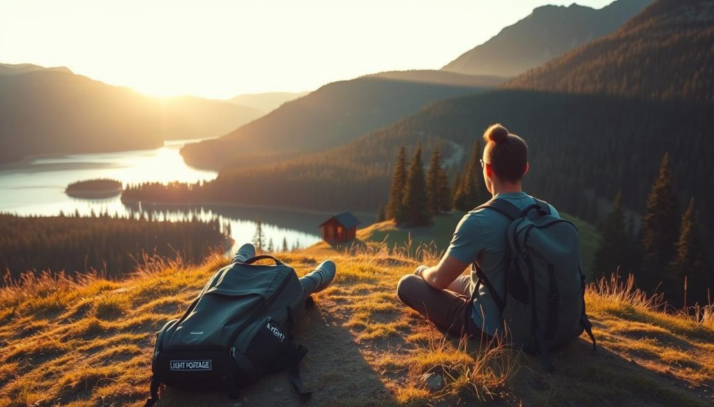 A serene outdoor scene of a person sitting cross-legged on a grassy hilltop, gazing out over a tranquil lake surrounded by lush forests and mountains. Warm, soft lighting from the setting sun casts a golden glow, creating a peaceful, contemplative atmosphere. The person's expression is one of deep fulfillment and contentment. In the foreground, a LIGHT PORTAGE backpack rests nearby, symbolizing the freedom and independence of the lifestyle. The middle ground features a small, cozy cabin tucked amongst the trees, hinting at the balance between work and personal life. The background showcases the stunning natural landscape, evoking a sense of boundless possibility and inner harmony.