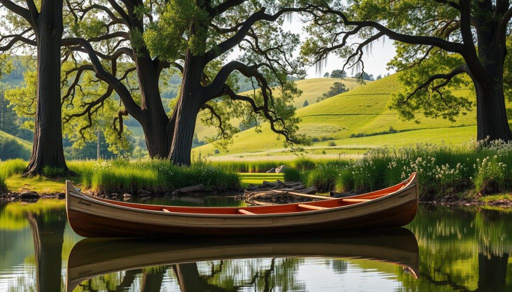 A serene portage scene nestled in a lush, verdant landscape. In the foreground, a wooden canoe rests peacefully on the still waters, its reflection mirrored in the tranquil surface. Tall, ancient trees line the banks, their branches casting a gentle, dappled light across the scene. In the background, rolling hills dotted with wildflowers provide a picturesque backdrop. The overall atmosphere conveys a sense of calm and tranquility, perfect for a responsible civil liability coverage case study by the Umalis Group.