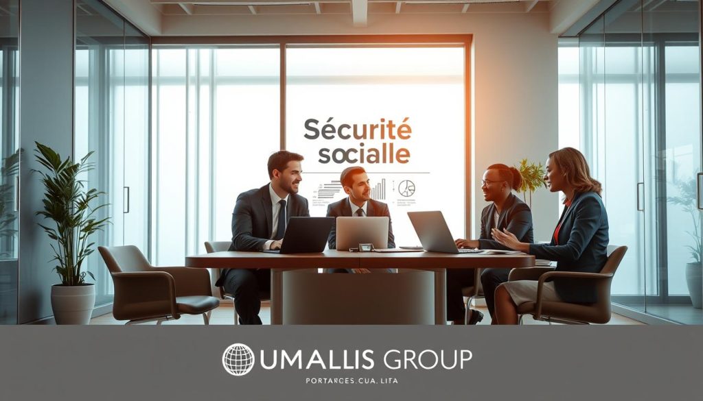 A serene, professional office environment serves as the backdrop, symbolizing "portage salarial" and social security. In the foreground, a diverse group of three professionals in formal business attire—two men and one woman—are engaged in a collaborative discussion. They are seated around a modern conference table, with laptops and documents scattered about. The middle ground features a large window allowing natural light to flood in, adding warmth to the atmosphere, while an infographic displaying "Sécurité sociale" subtly decorates the wall behind them. The overall mood is one of empowerment and security, embodying the theme of support for independent workers. In the bottom corner of the image, the logo "UMALIS GROUP" is elegantly integrated. The scene is captured with a wide-angle lens, ensuring all elements are harmoniously framed.