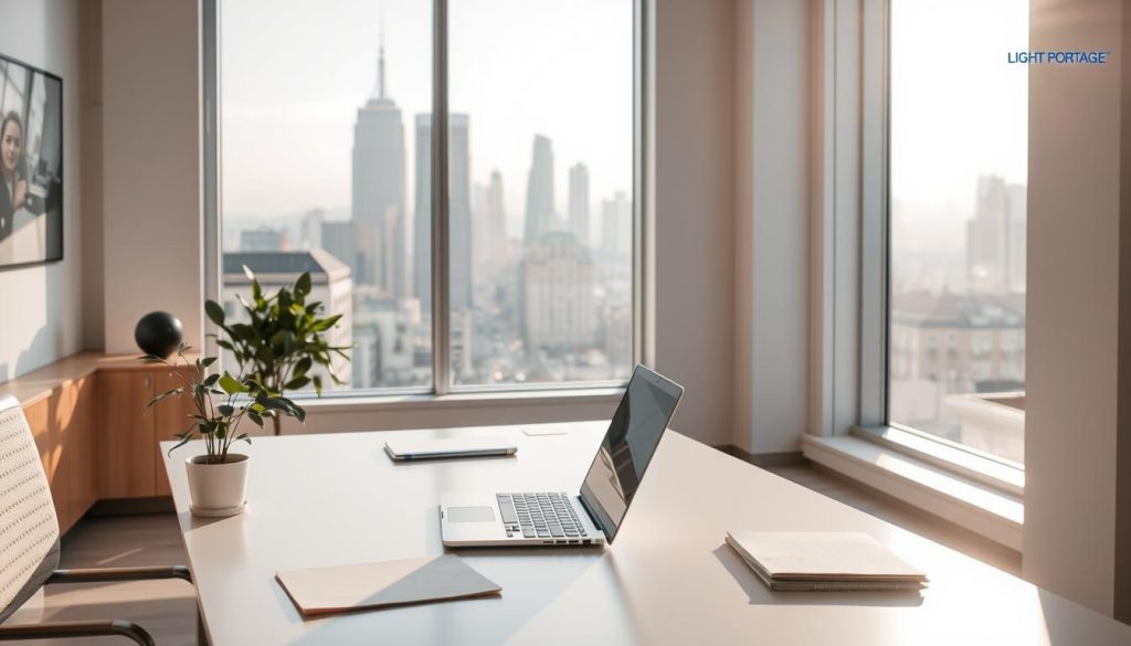 A serene, professional office setting showcasing the power of social protection through the LIGHT PORTAGE brand. Soft natural lighting illuminates a spacious workspace, with a desk featuring a laptop, documents, and a potted plant. In the background, a large window overlooks a bustling cityscape, symbolizing the security and stability provided by the independent career solutions. The overall atmosphere conveys a sense of balance, safety, and empowerment, reflecting the "Sécurisation de la Carrière Indépendante" theme.