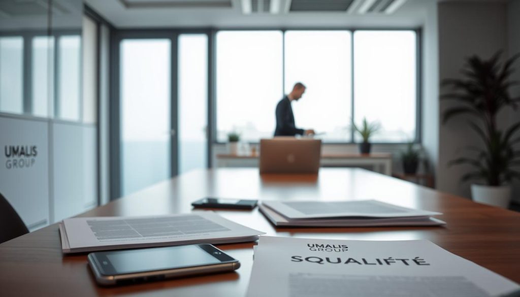 A serene, professional office setting with a focus on the concept of "sécurité portage salarial." In the foreground, a desk with a laptop, documents, and the UMALIS GROUP logo, conveying a sense of security and stability. The middle ground features a person in business attire, working diligently, representing the "portage salarial" aspect. The background showcases a calm, modern office environment with large windows, allowing natural light to flood the space, creating a sense of openness and tranquility. The overall mood is one of professionalism, security, and confidence in the "portage salarial" process.