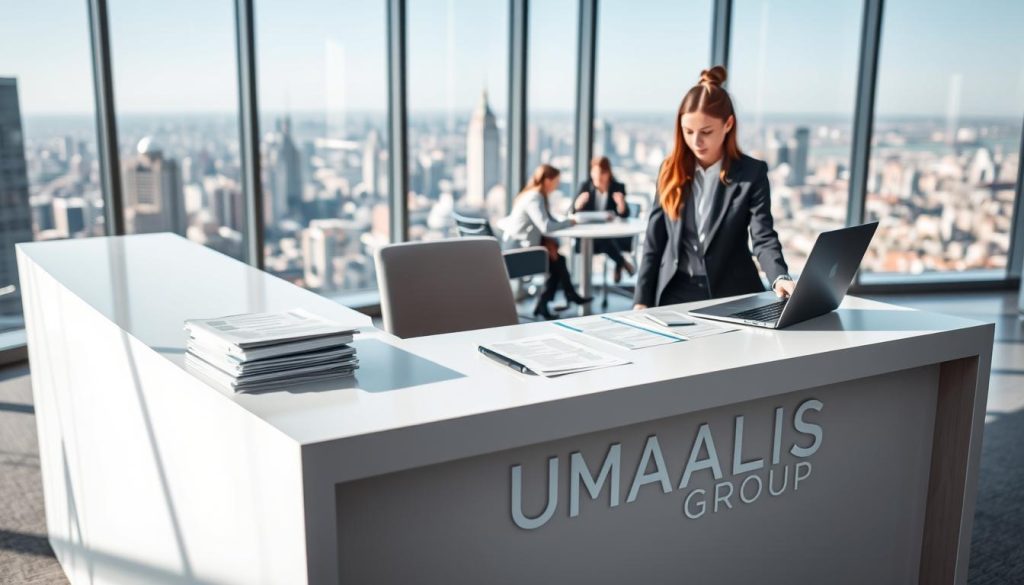 A serene, professional office setting with a sleek, modern desk showcasing the UMALIS GROUP logo. On the desk, various documents and a laptop represent the administrative and financial advantages of the salarial portage system. The foreground features a stylish, well-dressed professional working diligently, conveying the ease and flexibility of this employment model. The middle ground reveals a collaborative team meeting, emphasizing the support network available to salarial portage workers. The background depicts a panoramic city view, symbolizing the expansive career opportunities enabled by this innovative employment solution.