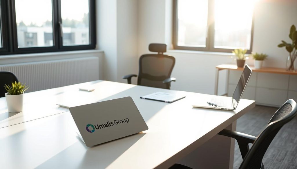 A serene professional setting, illuminated by soft natural light filtering through large windows. In the foreground, a sleek, modern desk with the Umalis Group logo prominently displayed. On the desk, a laptop, a pen holder, and a few carefully arranged documents, conveying a sense of organized productivity. The middle ground features a comfortable ergonomic chair, inviting the viewer to imagine themselves in this space, protected by the social benefits and advantages of the "portage salarial" arrangement. The background showcases minimalist decor, clean lines, and a calming color palette, creating an atmosphere of stability and security.