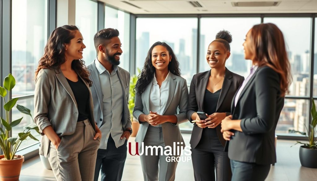A serene, professional setting symbolizing "freedom, autonomy, and life balance" in the context of portage salarial. In the foreground, a diverse group of three professionals in smart casual attire, smiling and engaged in a discussion, embodying collaboration and independence. In the middle ground, a modern workspace with large windows allowing soft, natural light to flood in, showcasing plants that add a touch of nature and relaxation. In the background, a city skyline conveys opportunity and growth, reinforcing the theme of career development. The atmosphere is positive and uplifting, evoking a sense of empowerment and balance in life. Include the Umalis Group logo subtly integrated into the scene, enhancing the concept without distraction. A serene, professional setting symbolizing "freedom, autonomy, and life balance" in the context of portage salarial. In the foreground, a diverse group of three professionals in smart casual attire, smiling and engaged in a discussion, embodying collaboration and independence. In the middle ground, a modern workspace with large windows allowing soft, natural light to flood in, showcasing plants that add a touch of nature and relaxation. In the background, a city skyline conveys opportunity and growth, reinforcing the theme of career development. The atmosphere is positive and uplifting, evoking a sense of empowerment and balance in life. Include the Umalis Group logo subtly integrated into the scene, enhancing the concept without distraction.