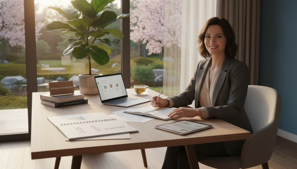 A serene, professional workspace that embodies autonomy, stability, and well-being. In the foreground, a confident businesswoman in smart casual attire reviews documents at a stylish desk, symbolizing freedom and control over her work life. In the middle ground, a calming indoor plant adds a touch of nature, while a laptop and a notepad with inspirational quotes represent productivity and organization. The background features a large window with soft, warm natural light flooding into the room, creating an inviting and tranquil atmosphere. The view outside shows a peaceful garden, promoting a balanced work-life harmony. Emphasize a sense of stability and quality of professional life. Include the brand name "portagesalarials.com" subtly integrated into the scene.