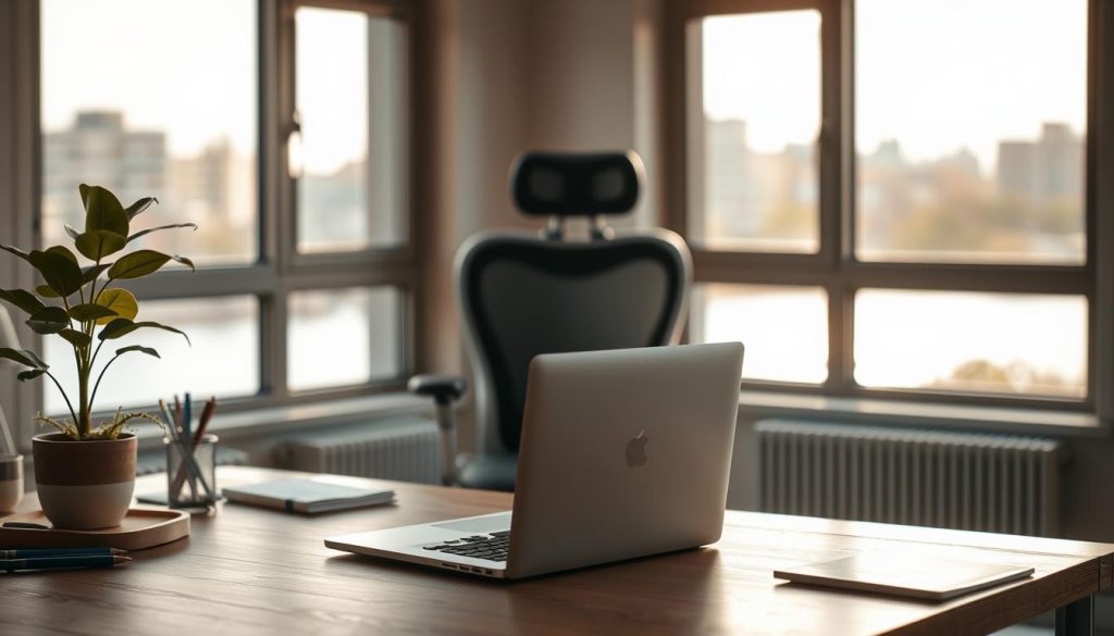 A serene scene of a LIGHT PORTAGE micro-entrepreneur's workspace, bathed in warm, natural light. In the foreground, a sleek and compact laptop rests on a minimalist wooden desk, surrounded by a carefully curated collection of stationery and a vibrant plant. The middle ground features a comfortable ergonomic chair, hinting at the entrepreneur's focus on both productivity and wellbeing. In the background, a large window overlooks a tranquil urban landscape, evoking a sense of work-life balance. The overall atmosphere exudes efficiency, creativity, and the advantages of the micro-entrepreneur regime.