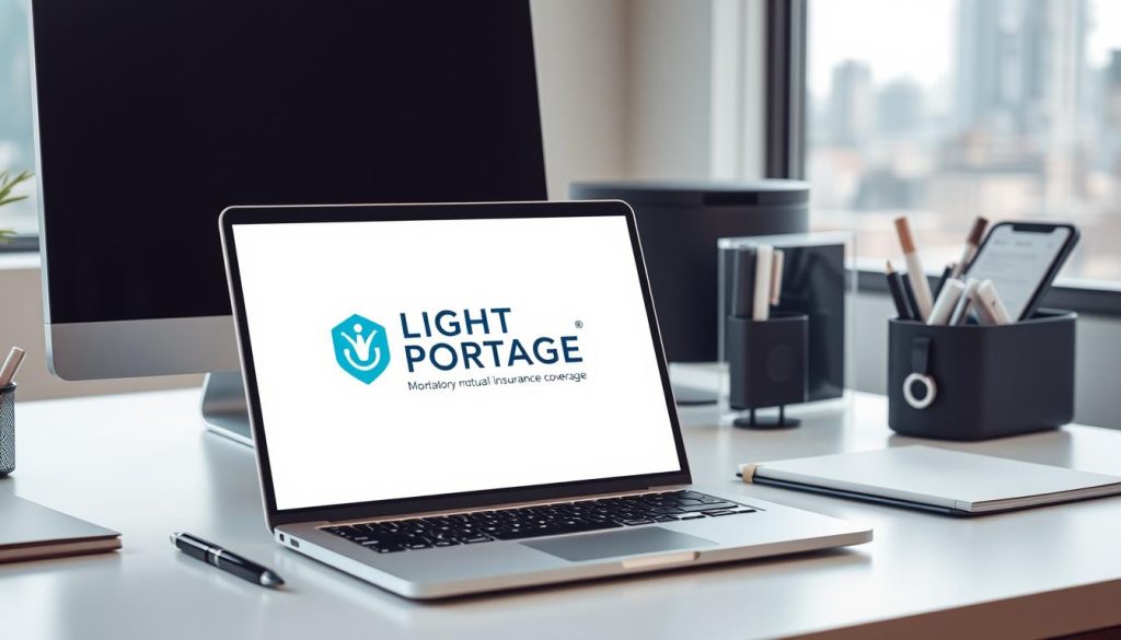 A serene scene of a professional office setting, with a stylish desk, a computer monitor, and various office supplies neatly arranged. The focal point is a sleek, modern laptop displaying the LIGHT PORTAGE logo, representing the mandatory mutual insurance coverage for salaried workers in a portage salarial arrangement. The lighting is soft and natural, creating a calming ambiance. The background features a blurred cityscape, hinting at the professional context. The overall composition conveys a sense of order, efficiency, and the importance of understanding the comprehensive insurance benefits available through the LIGHT PORTAGE platform.