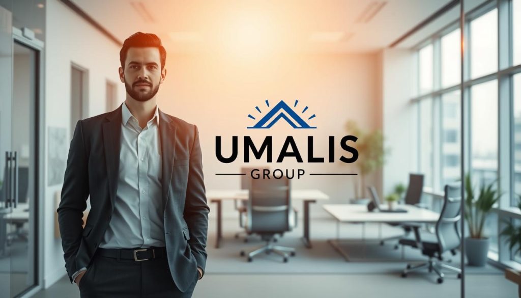 A serene, secure office setting with a stylized "UMALIS GROUP" logo prominently displayed. In the foreground, a professional-looking person in business attire stands confidently, conveying the sense of protection and stability associated with the "portage salarial" concept. The middle ground features a clean, well-organized workspace with modern furnishings, suggesting the comforts and conveniences of this employment model. The background showcases an expansive, sunlit window, creating a warm and inviting atmosphere that evokes the "liberté" or freedom aspect of the "portage salarial" benefits. Soft, diffused lighting, a shallow depth of field, and a sense of minimalist elegance permeate the scene.