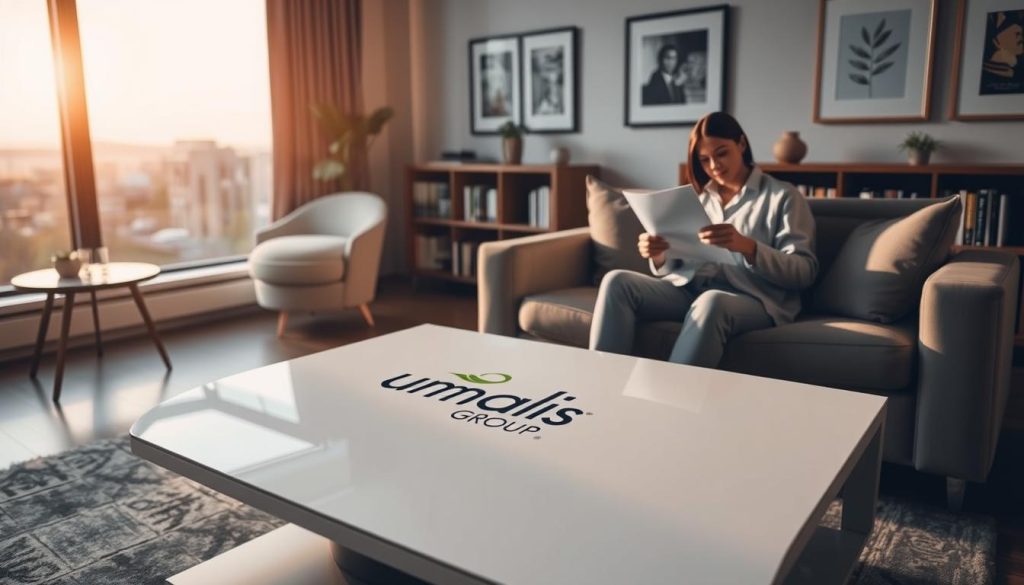 A serene, softly-lit interior scene showcasing the concept of "portability of health insurance" after employment. In the foreground, a person sits comfortably on a plush sofa, reviewing paperwork on a sleek, modern coffee table emblazoned with the Umalis Group logo. The middle ground features a large window overlooking a tranquil urban landscape, bathed in the warm glow of natural light. In the background, bookshelves and framed artwork create a sense of familiarity and professionalism. The overall atmosphere conveys a feeling of security, flexibility, and the ease of maintaining one's health coverage, even after a change in employment.