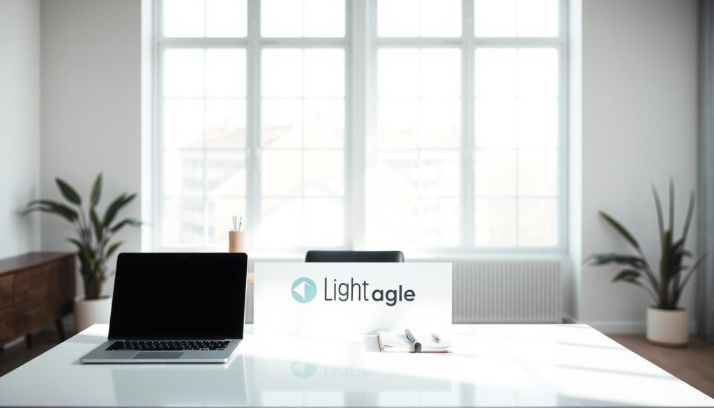 A serene, softly-lit workspace with a sleek, modern desk featuring the "Light Portage" logo. On the desk, a laptop, a stylish pen holder, and a few carefully arranged documents. The background is a minimalist, neutral-toned room with ample natural light filtering in through large windows, creating a sense of calm and professionalism. The overall composition emphasizes the balance between freedom and security that the "cadre légal portage salarial" provides, as represented by the well-organized, yet uncluttered work environment.
