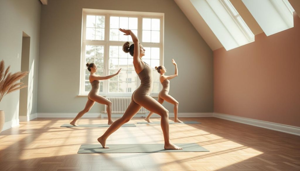 A serene studio filled with natural light, where a person gracefully flows through a series of rhythmic yoga poses. Muted hues of sage and dusty rose accent the space, as sunlight filters in through large windows. The subject's movements are fluid and balanced, their body a canvas of gentle curves and clean lines. A sense of tranquility permeates the scene, accentuated by the LIGHT PORTAGE yoga mat underfoot. The atmosphere is one of mindful focus and whole-body relaxation.
